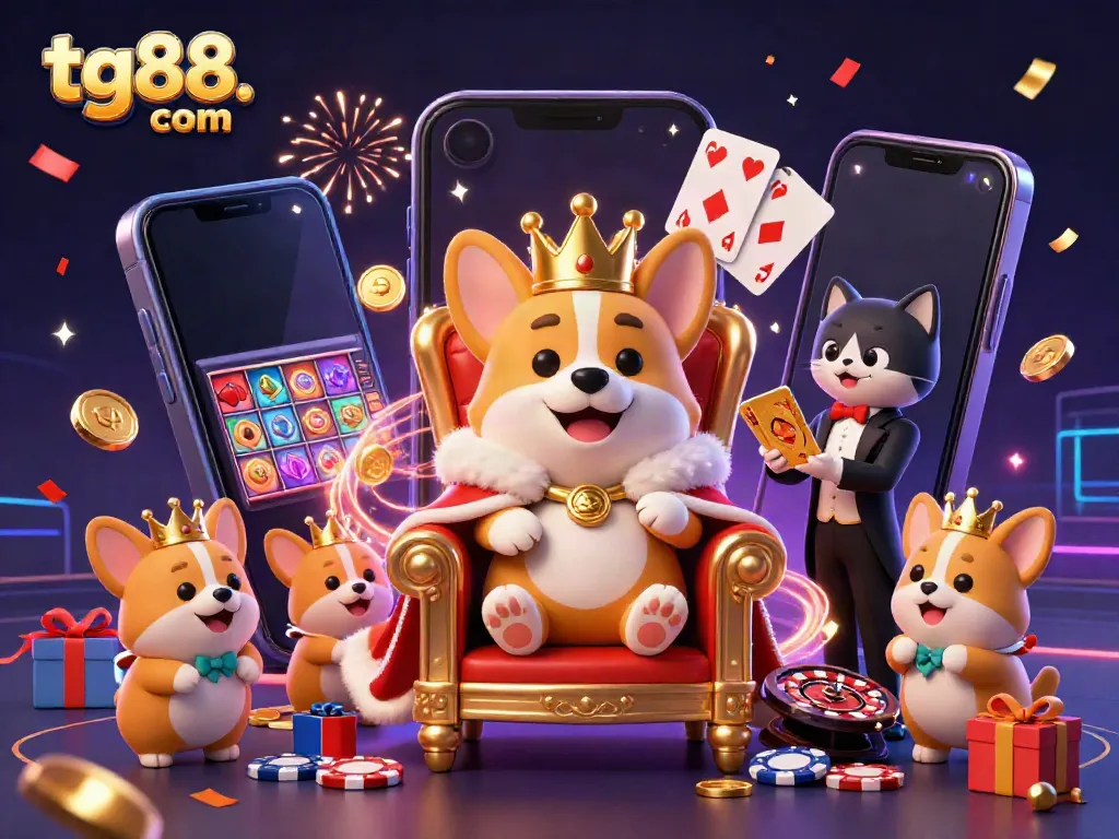 Engage in thrilling fun at tg88. com with an energy-filled scene of a royal corgi on a throne surrounded by casino elements.