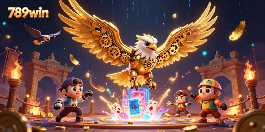 Explore the thrilling world of 789win with an energetic golden eagle diving through holographic cards.