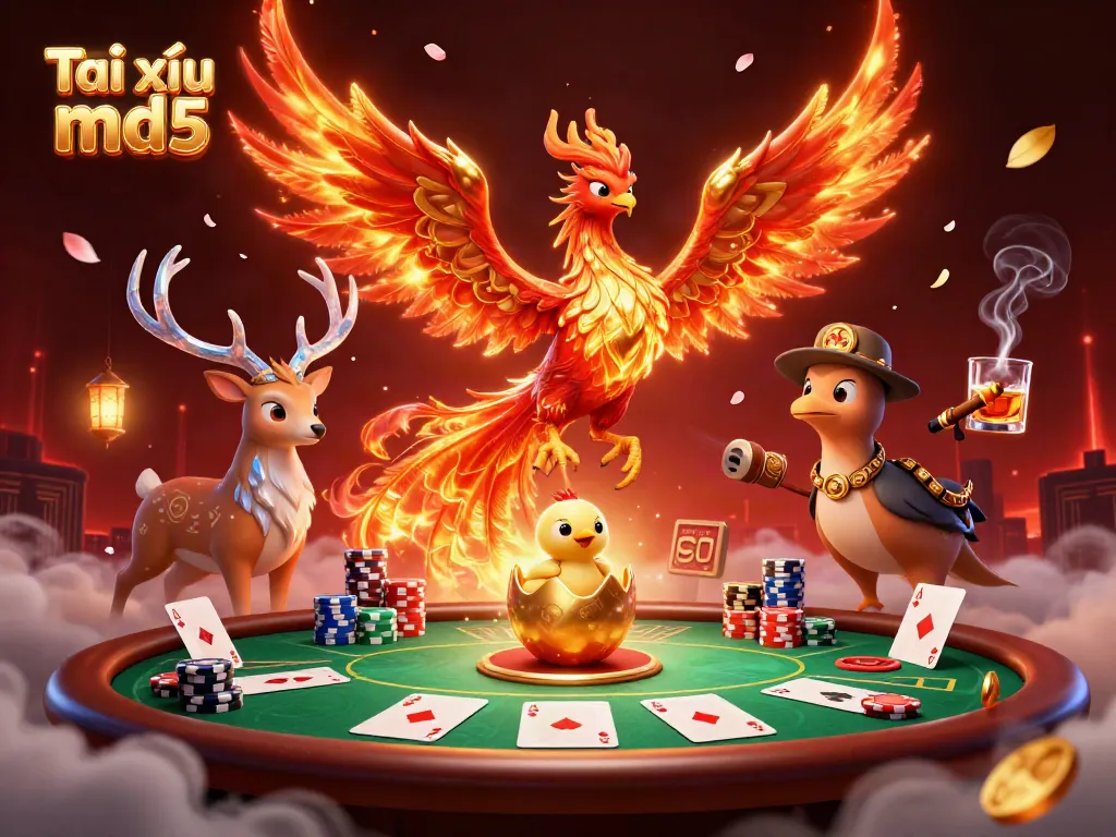 Experience the excitement of Tài xỉu md5 with a fiery phoenix and poker elements in an immersive casino setting.