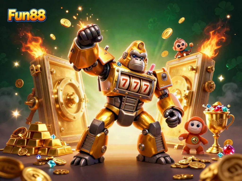 Experience the excitement of Fun88 with a dynamic 3D scene filled with a golden gorilla mech and treasure.