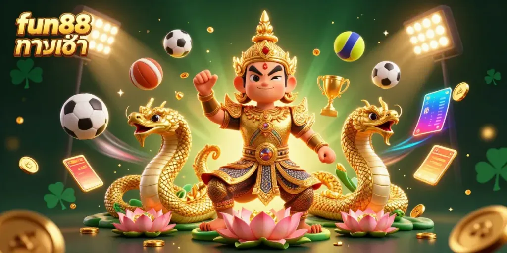 Engage with fun88 ทางเข้า ล่าสุด in a vibrant and dynamic Thai-inspired casino scene filled with sports elements.